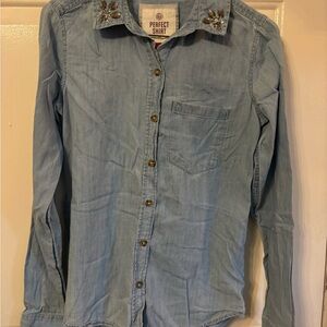 SO Light Blue Button Down Shirt with Embellished Collar